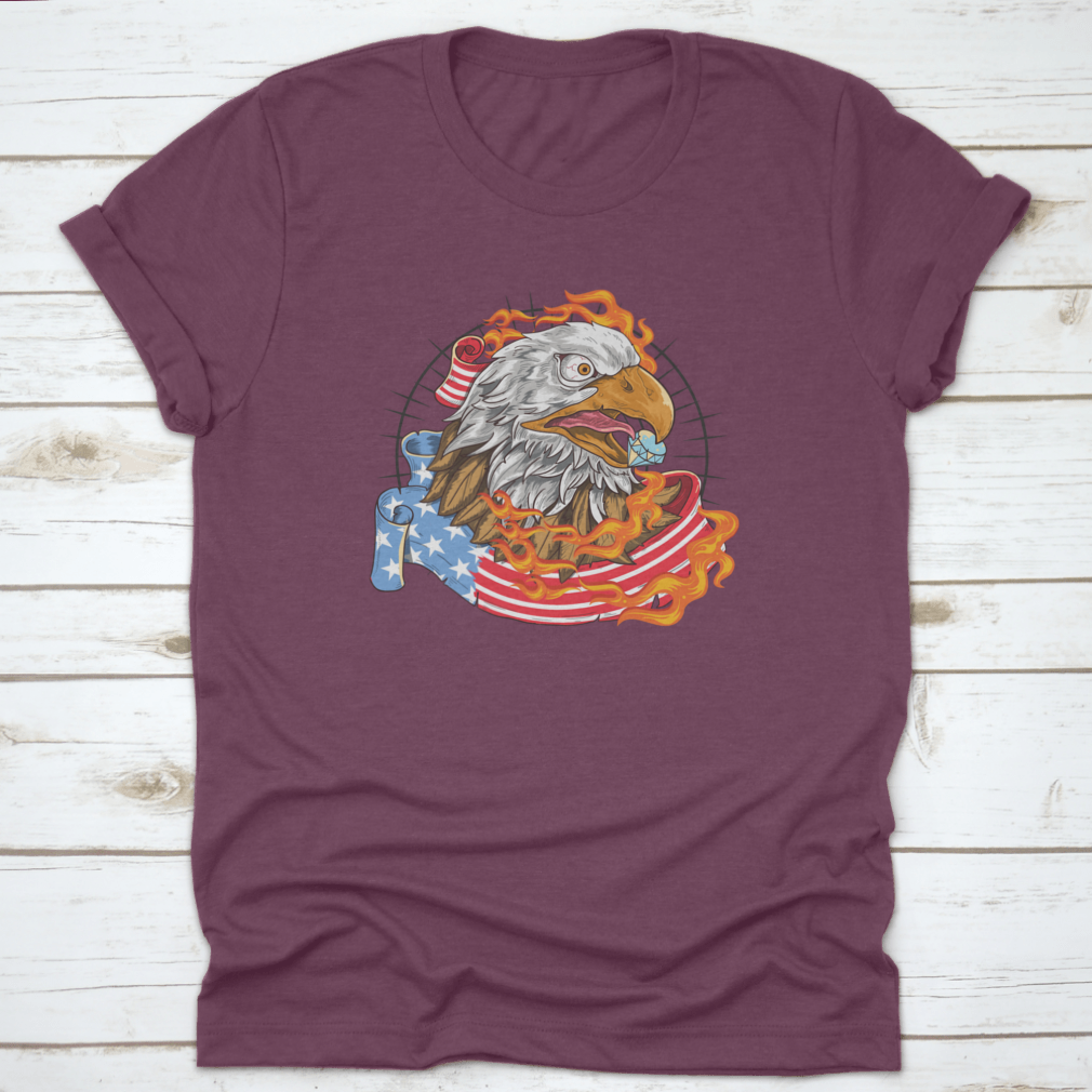 A stylish t-shirt featuring a flaming eagle with a diamond on its beak, showcasing a patriotic design.
